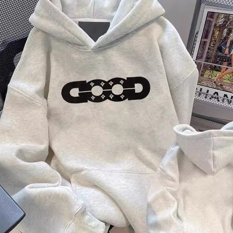 白灰色个性设计感印花连帽卫衣女秋冬季情侣宽松高街休闲外套上衣