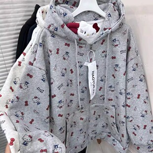 韩版kt猫满印加绒外套秋冬季2025新款情侣卫衣连帽衫开衫外套上衣