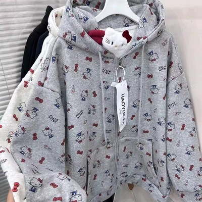 韩版kt猫满印加绒开衫外套上衣