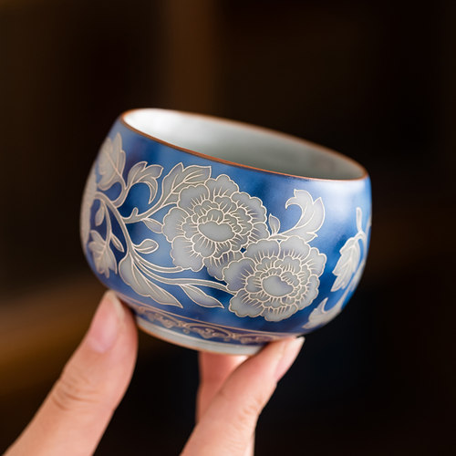 景德镇元青花掐丝银主人杯大容量罗汉杯陶瓷茶具汝窑功夫茶杯对杯