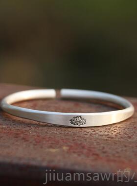 新款999银纯磨雏砂古法中间扁 菊精致心天然文实艺复古手镯