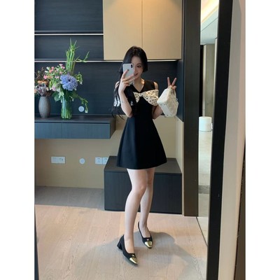 XINYI【珍珠小黑裙】夏季波点拼接西装连衣裙收腰显瘦X625Q06211
