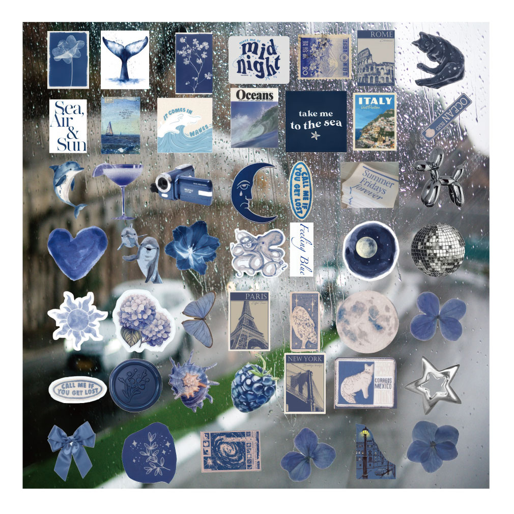 复古蓝色拼贴UV转印贴diy手账本手机壳水晶标签防水杯装饰贴纸