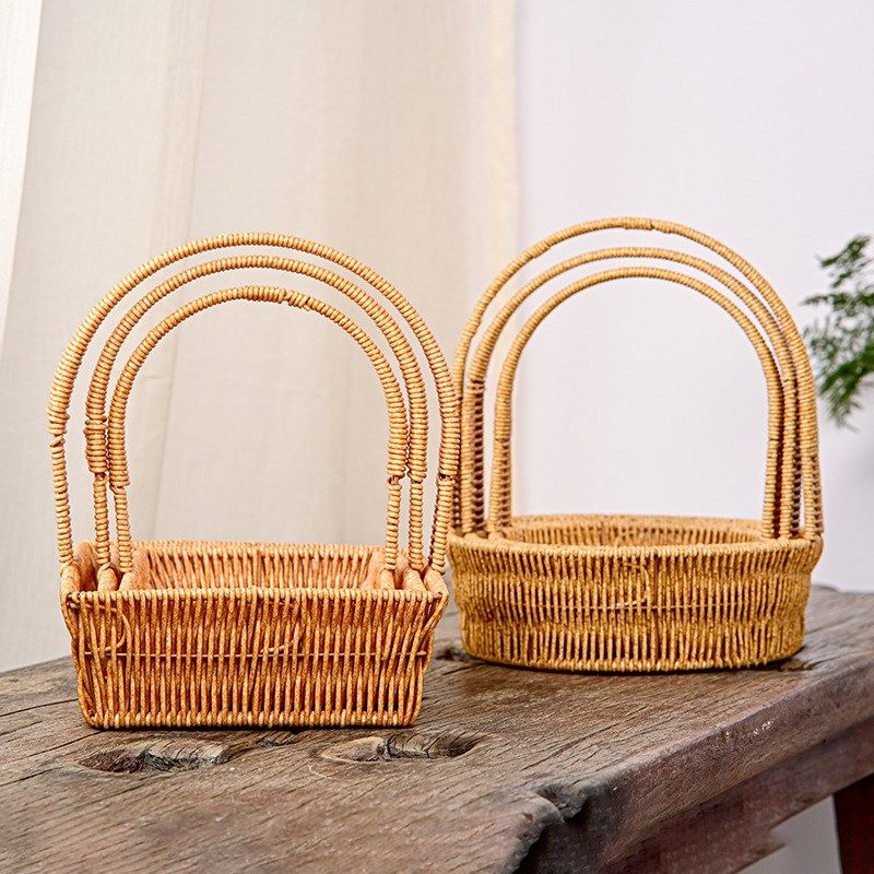零食野餐篮仿藤编织拍照摆件户外采摘菜篮子手提篮花篮水果篮送礼