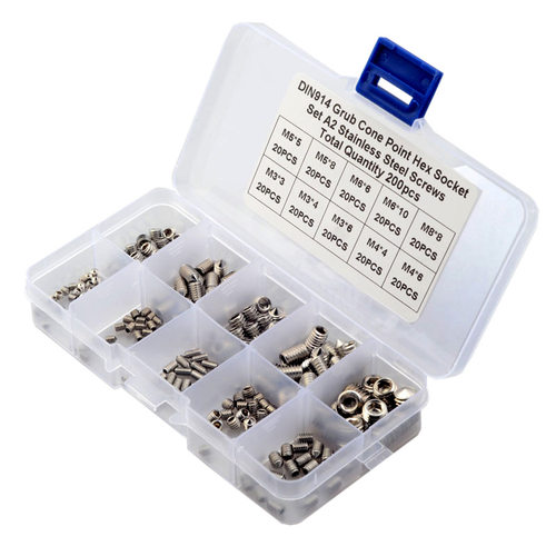 200pcs 不锈钢304 DIN914内六角锥端紧定螺丝组合套装M3-M8 盒装