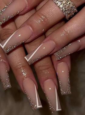 美甲甲片白色线条闪粉穿戴甲爆闪美甲甲片成品press on nails