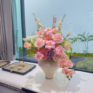 高档仿真pu玫瑰郁金香蝴蝶兰花艺陶瓷花瓶餐厅客厅桌面装 饰花假花