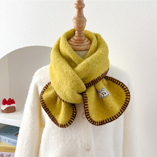 黄色韩版儿童厚围巾女软糯秋冬季百搭简约锁边宝宝防风短小围脖子