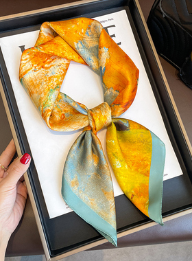 黄色油画小方巾丝巾女春秋冬季妈妈护颈围脖子四方纱巾围巾70x70