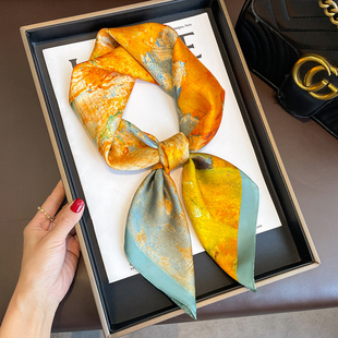 黄色油画小方巾丝巾女春秋冬季妈妈护颈围脖子四方纱巾围巾70x70