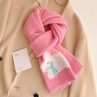粉色兔子针织毛线加厚围巾可爱甜美少女生秋冬季儿童短小护颈围脖