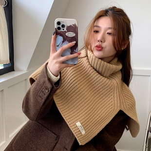 围脖套头高领护颈外搭披肩斗篷毛衣两用针织毛线围巾女咖色秋冬季