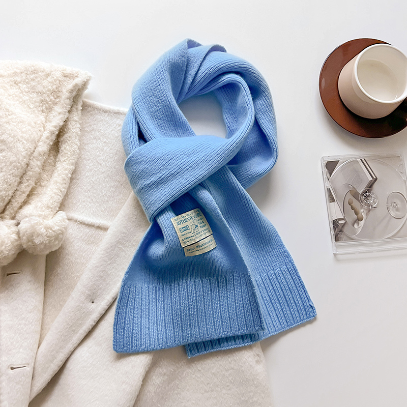 100%纯羊毛针织毛线蓝色氛围感厚围巾男女生冬季保暖护颈短小围脖