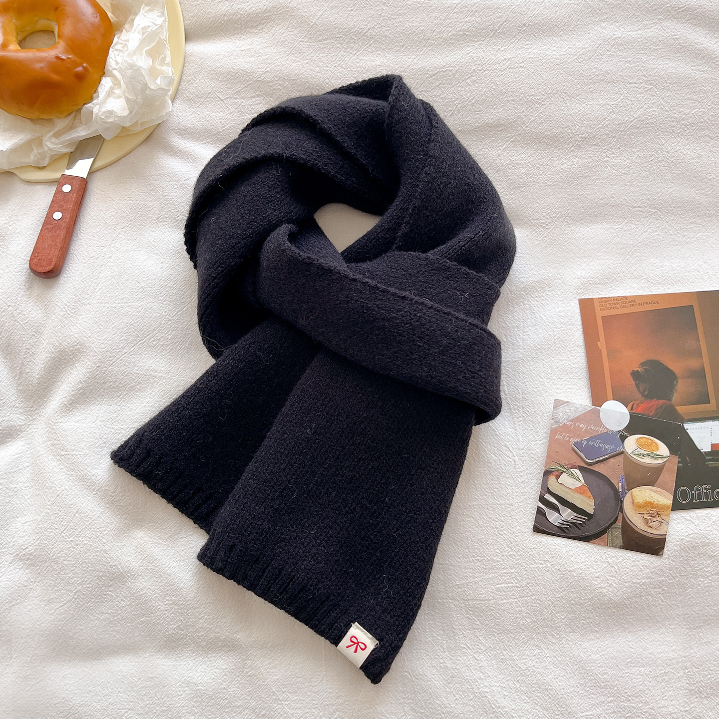 纯黑色毛线针织厚围巾男女生冬季学生韩系氛围感保暖护颈短小围脖