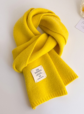 黄色含羊毛针织毛线厚围巾女秋冬季保暖百搭儿童宝宝护颈短小围脖