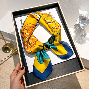 黄色小方巾丝巾女春秋搭配衬衫护颈系脖围脖子领带发带薄纱巾围巾