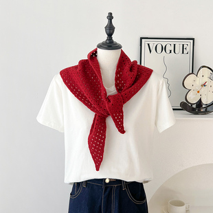 酒红色针织镂空三角小披肩女外搭坎肩护颈围脖子保暖围巾腰带屁帘