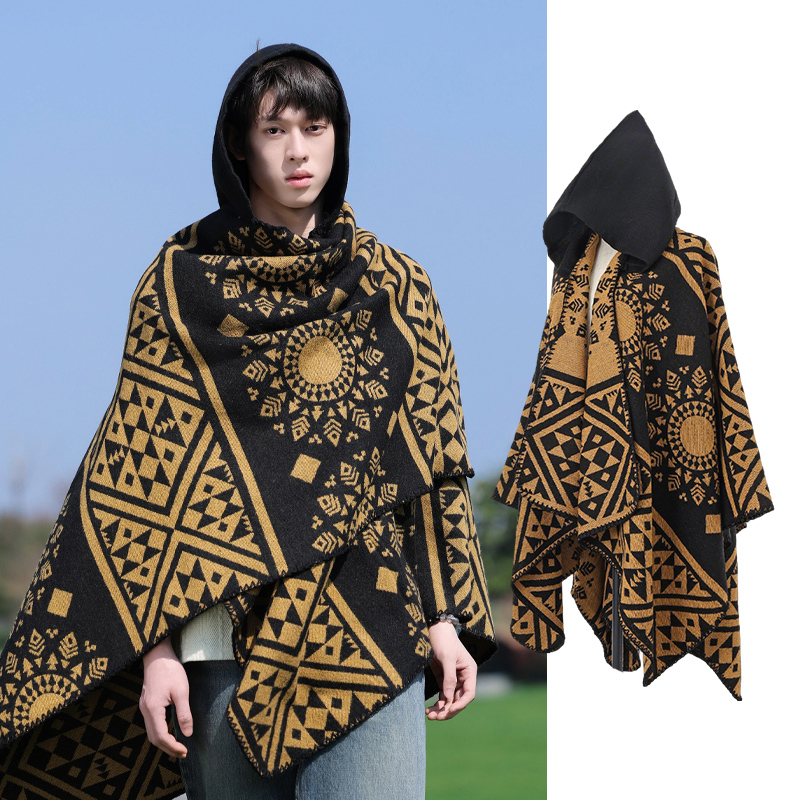 大披肩外搭斗篷披风男女咖色民族风旅游拍照毛毯连帽子一体厚围巾