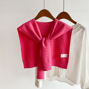 玫红色粉色针织小披肩外搭肩坎肩女春秋搭配衬衫裙子护颈椎薄围巾