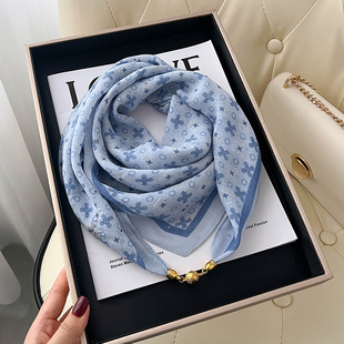 磁吸扣小方巾蓝色丝巾女秋冬季复古搭配衬衫妈妈护颈围脖子薄围巾