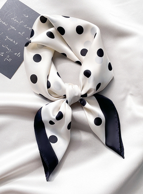 黑白波点丝巾小方巾女包头巾春秋空姐搭配护颈围脖子薄围巾70x70