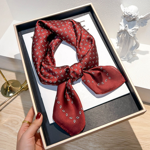 腰果花酒红色小方巾丝巾春秋女搭配衬衫 护颈围脖子领带薄纱巾围巾