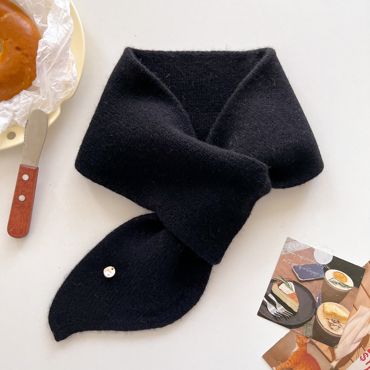 100%纯羊毛黑色毛线针织厚围巾男女冬季懒人护颈短小围脖生日礼物