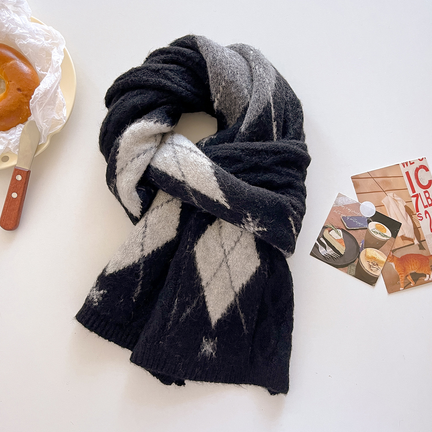 毛线针织黑色菱格厚围巾男女学生冬季2025新款韩系氛围感护颈围脖