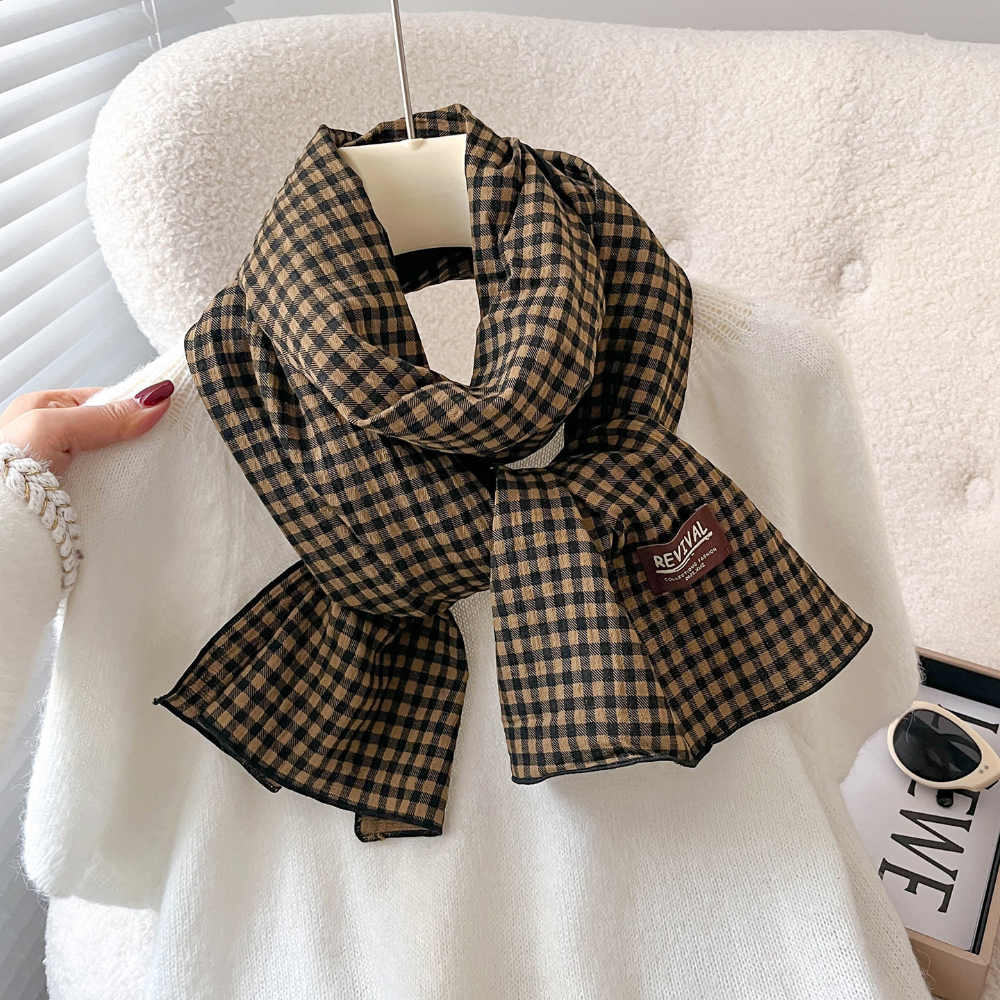 文艺感格子纯棉长条丝巾女春秋冬季保暖护颈小围脖领巾薄围巾披肩