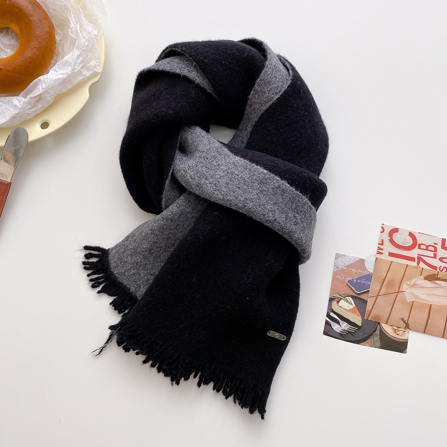 黑色针织毛线厚围巾男女生冬季保暖护颈小围脖送男朋友生日礼物