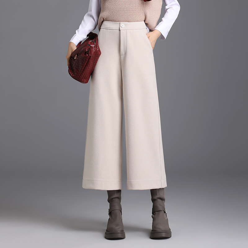 洋气韩版羊毛呢阔腿裤女装高腰秋冬新款小个子显高宽松八分裤靴裤