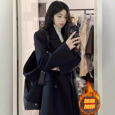 黑色赫本风毛呢外套女款