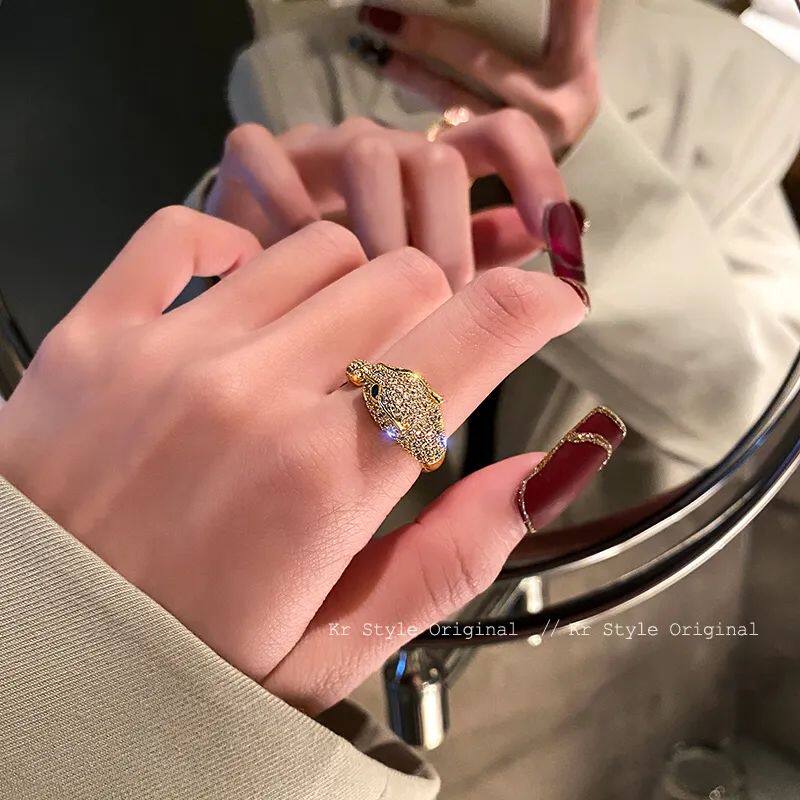 轻奢豹子豹头开口食指戒指女时尚镶钻个性风潮复古男情侣对戒