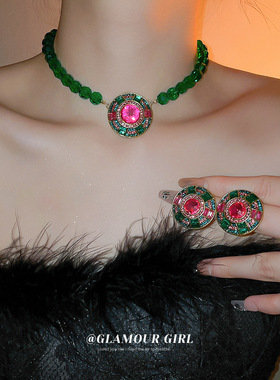 欧美圆形耳钉重工祖母绿