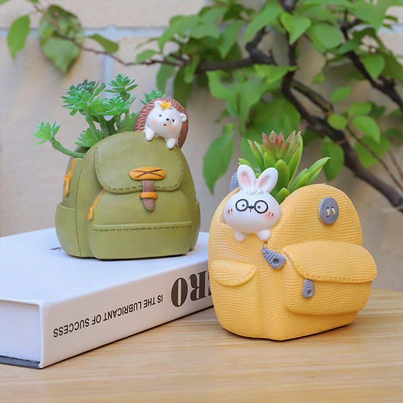 树脂手工小花盆桌面园艺景观创意书包多肉花盆花器学生收纳笔筒