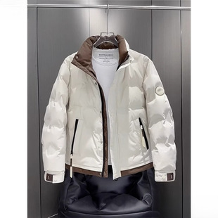 秋冬新款男士加厚立领羽绒服拼色短款韩版保暖鸭绒时尚外套米白色