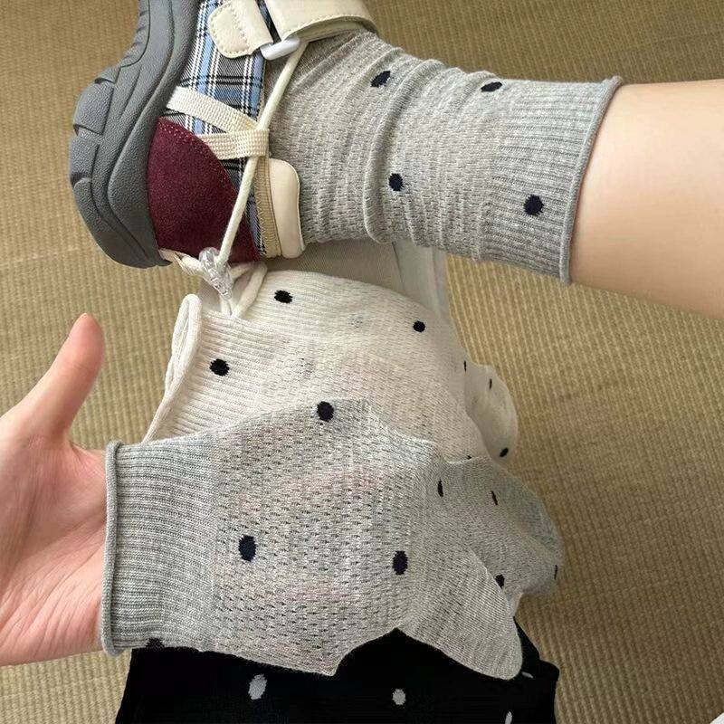 灰色堆堆袜子女夏季薄款透气棉波点中筒袜配凉鞋芭蕾风长袜夏天