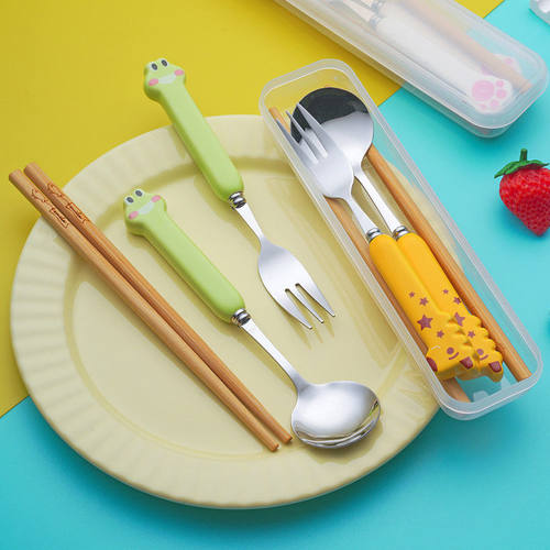 创意动物儿童餐具套装 叉勺木筷子三件套学生不锈钢便携餐具