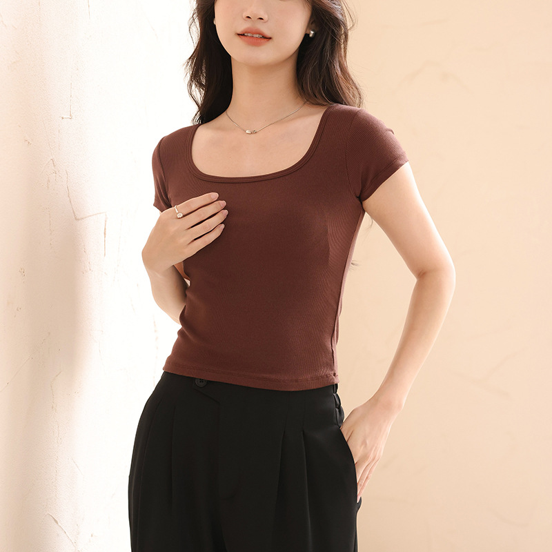 带胸垫方领短袖t恤女夏短款纯色紧身正肩露脐黑白色打底体恤上衣