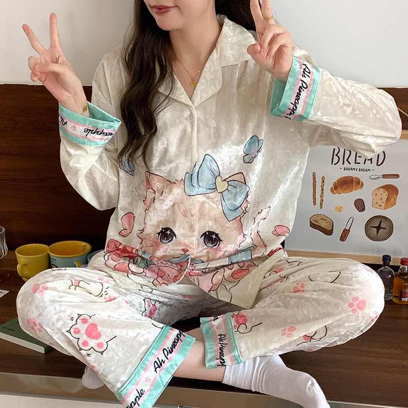 2024新款冬季优质卡通可爱睡衣女长袖金钻绒保暖开衫套装家居服