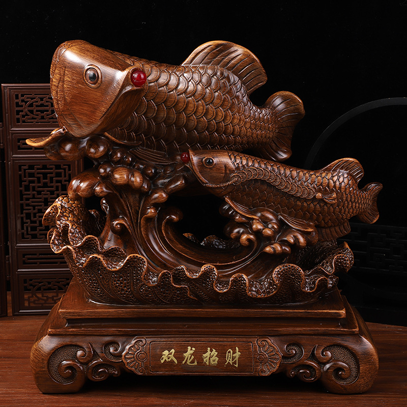 树脂工艺品中式方木双龙鱼客厅摆件批发 家居装饰品复古玄关桌摆