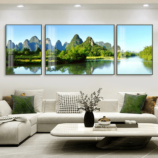客厅装 饰画沙发背景墙挂画现代轻奢高档大气三联画自然风景山水画