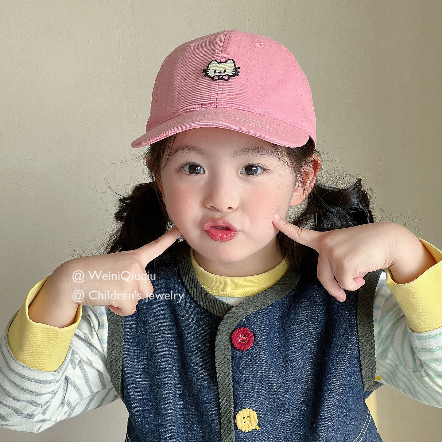 女童棒球帽夏季防晒透气儿童帽子可爱小猫刺绣宝宝遮阳卡通鸭舌帽