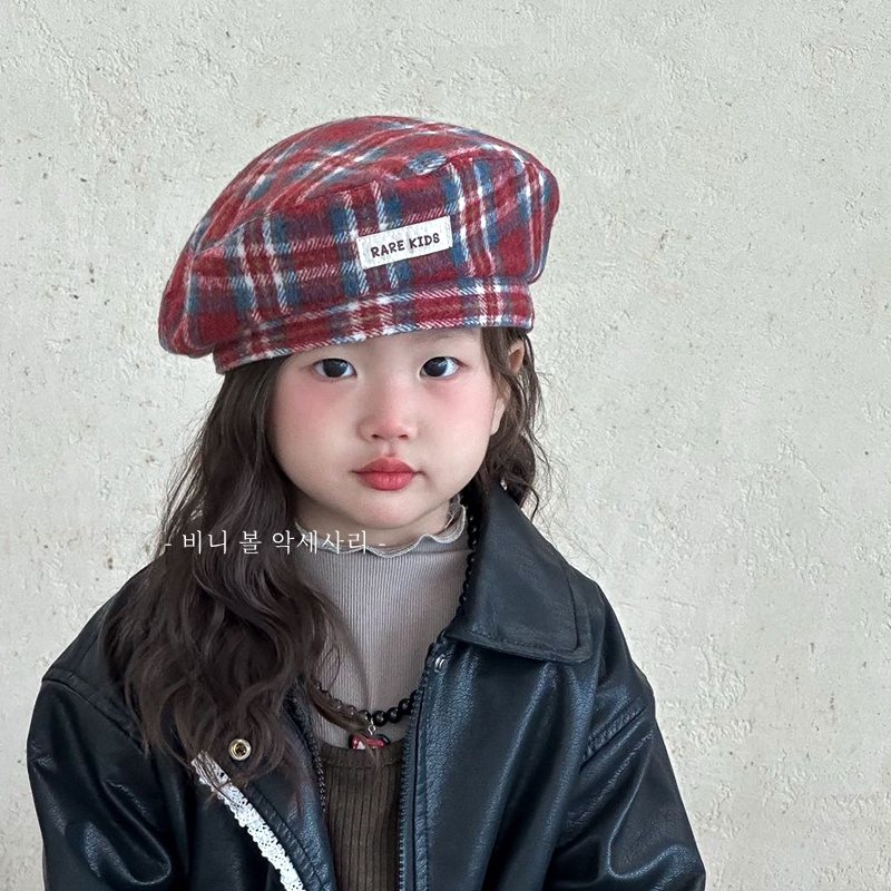 儿童复古红色格子贝雷帽女童秋冬季新款英伦风毛呢帽子洋气画家帽