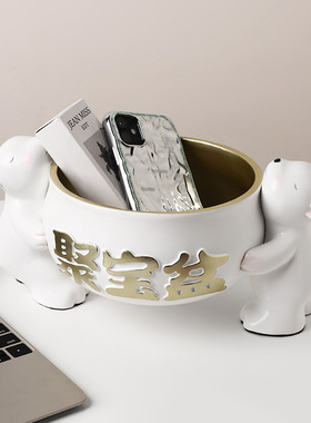 入户玄关进门口挂钥匙收纳摆件小熊托盘存钱罐轻奢客厅软装饰品