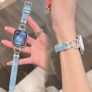 适用华为watchFit4表带ins闪钻kitty凯蒂猫金属拼皮质腕带Fit3小米9Pro高级红米watch5钻壳小米Redmi4/3表带