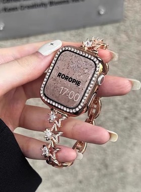 适用华为watchFit3表带ins锆石五角星金属表链华为fit2闪钻表带46mm高级iWatchS10/9/8/7/6代se镶钻表带45mm