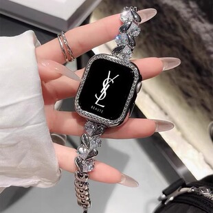 适用华为手表Fit3表带闪钻爱心锆石铜质金属表链华为fit2镶钻表带46mm高级iWatchS10/9/8/7/6代se女45mm表链