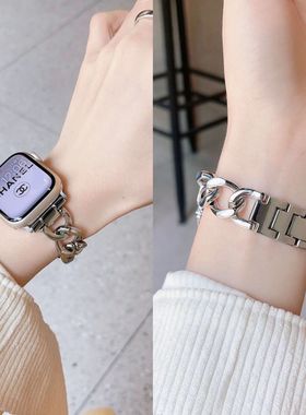 适用苹果iwatchS8表带45mm新款小香风女金属星光色牛仔链表链applewatch7金属手链iwatch654代Se高级潮女ins