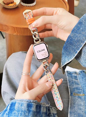 适用小米手环9pro表带新款小香风牛仔链米8Pro手环表带单圈牛仔编织表带红米watch3表带米8Pro撞色金属女表链